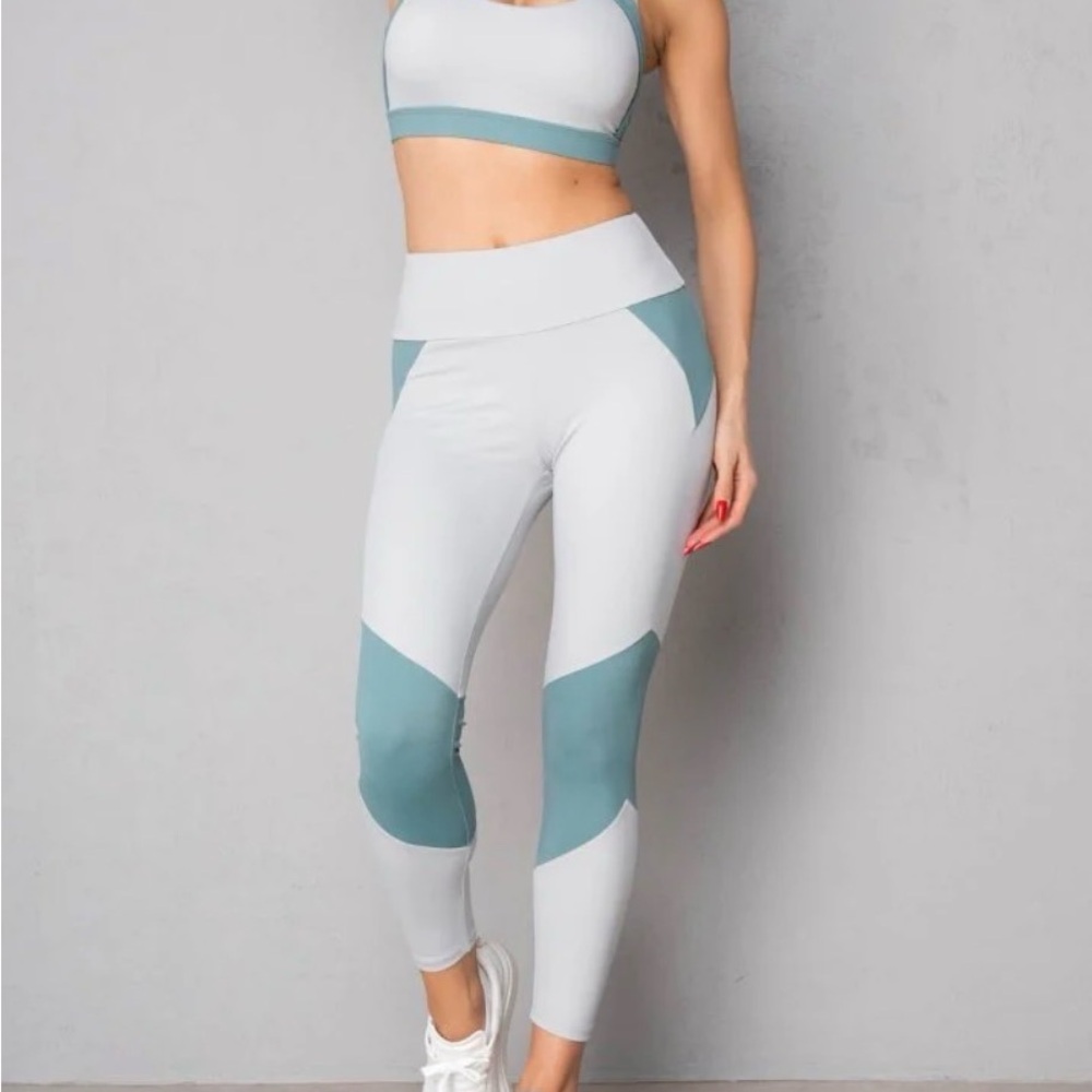 SHEIN White & Sage Green Colorblock High-Waist Leggings